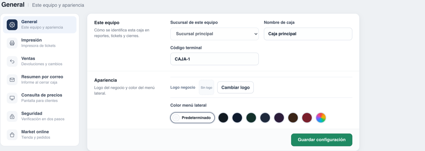 Pantalla de configuración