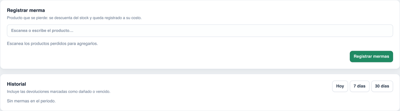 Pantalla de mermas